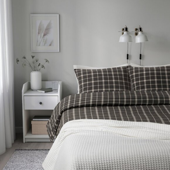 IKEA STRUTBRAKEN Queen Duvet Cover and Pillowcase(s) Cotton Gray Check Pattern - Picture 1 of 8
